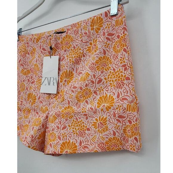 New NWT Zara Linen Cotton Floral Shorts Size Large Pink Orange - Picture 7 of 11